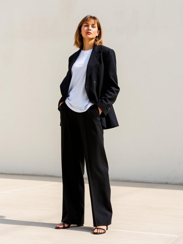 Model in oversized blazer and wide-leg trousers
